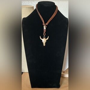 Leather Adjustable Choker to Long Necklace featuring a Bull Skull Pendant